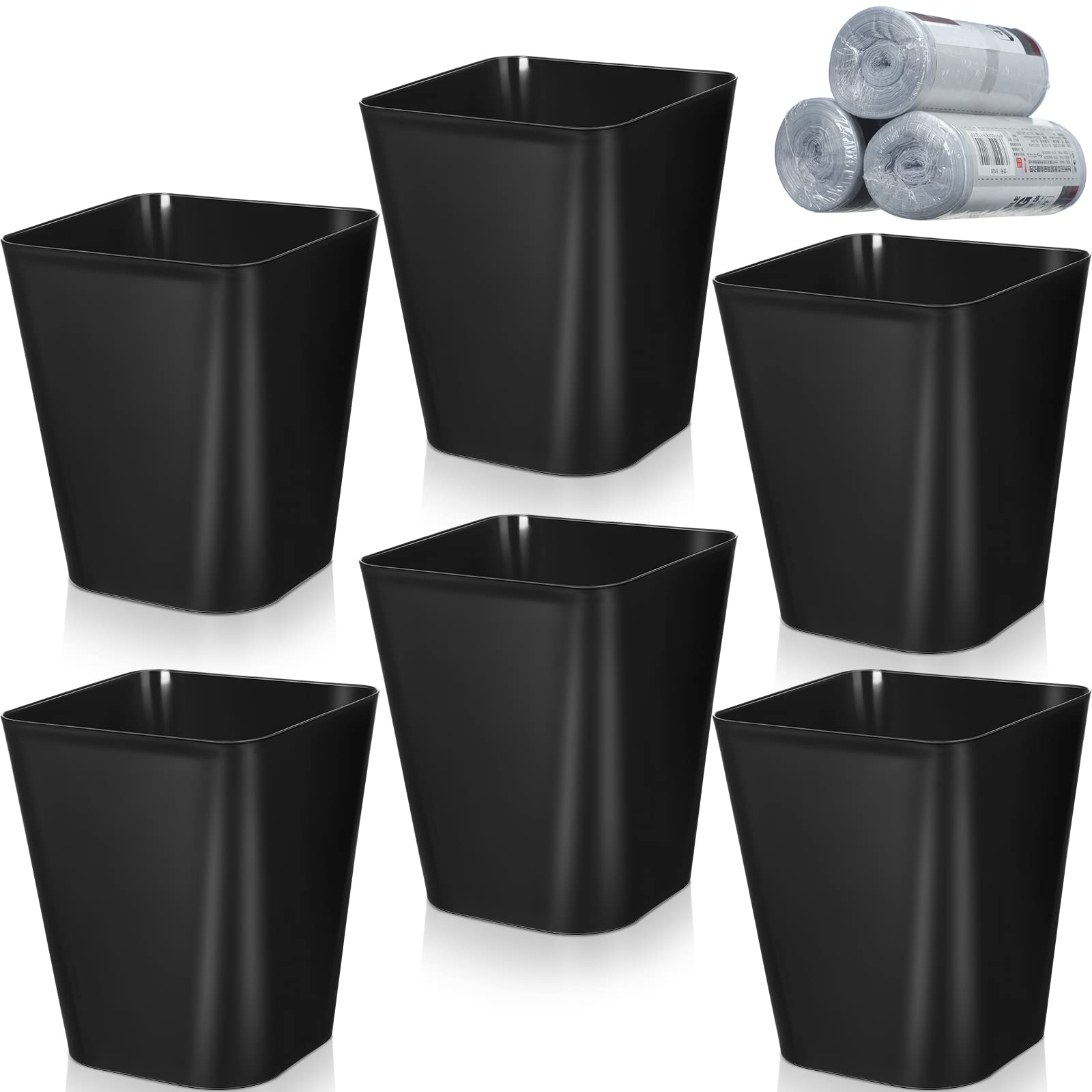 6 Pack Plastic Trash Can with 3 Rolls of Trash Bags Small Wastebasket Can Garbage Container Bin (6 Count)