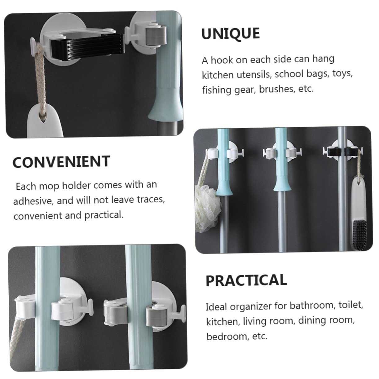 3pcs Wall Mounted Broom Holder Heavy Duty Mop Organizer