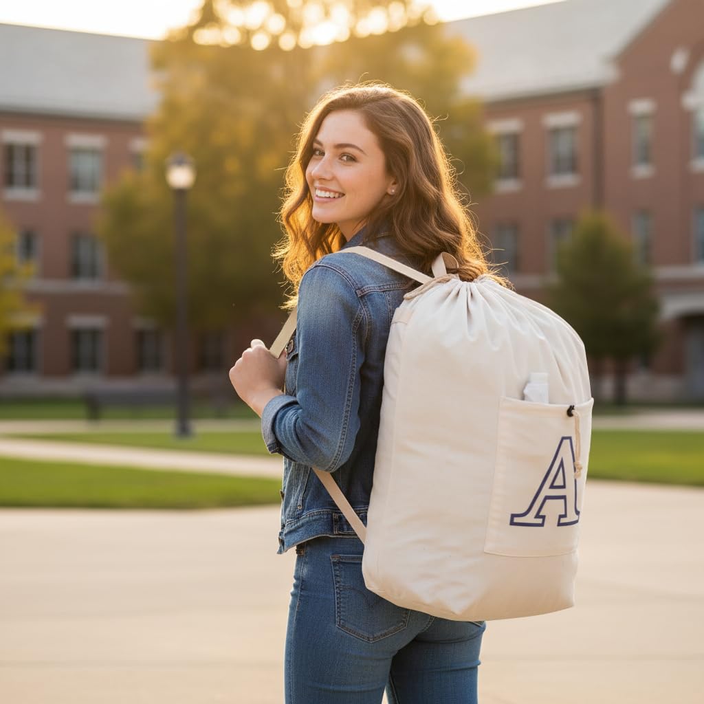Laundry Bag Backpack Personalized Initial Design Canvas Laundry Bag with Straps & Drawstring Closure Dirty Cloth Hamper Bag for College