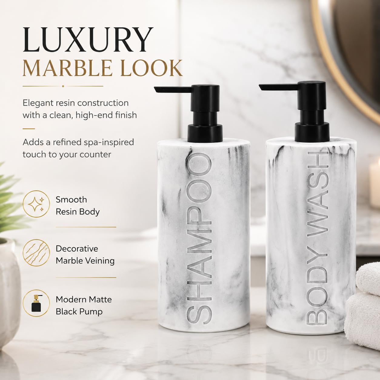 Marble Resin 2 Piece Shampoo and Body Wash Dispenser Set