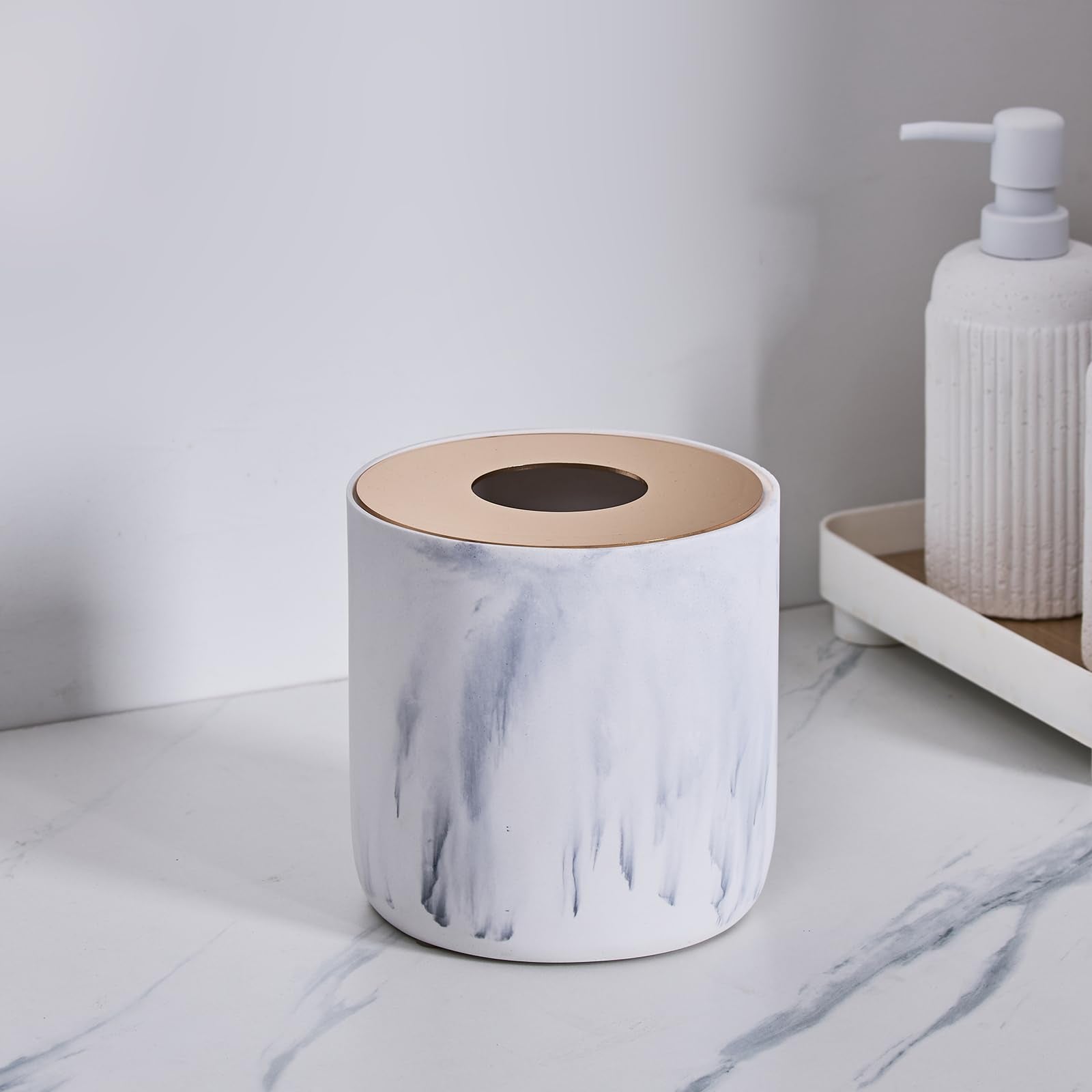 White Marble Textural Mini Trash Can with Rose Gold Stainless Steel Lid