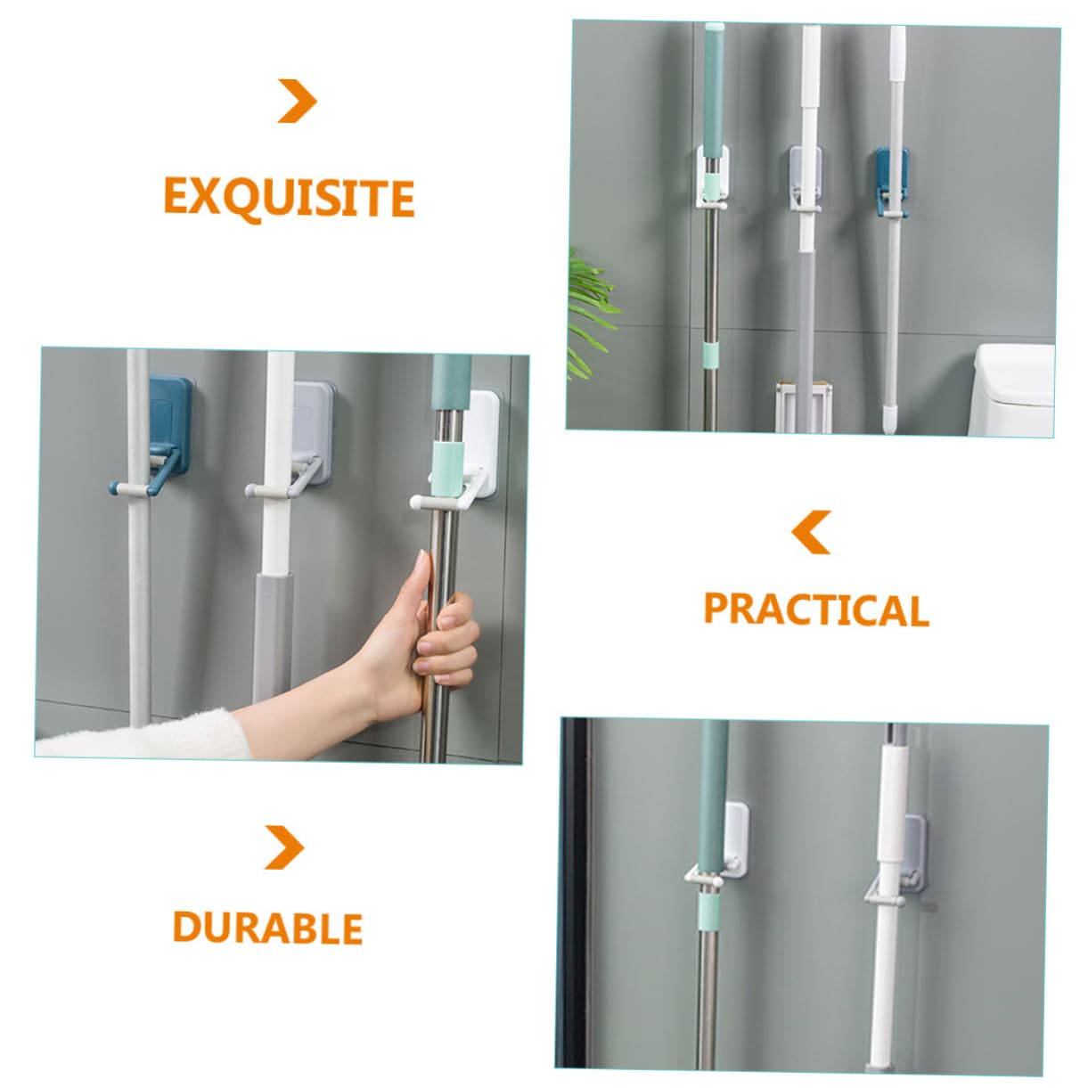 3pcs Punch Free Mop Hook Wall Mount Adhesive Broom Holder No Drilling Mop Organizer for Household Cleaning Sturdy and Convenient Grippers Random Color
