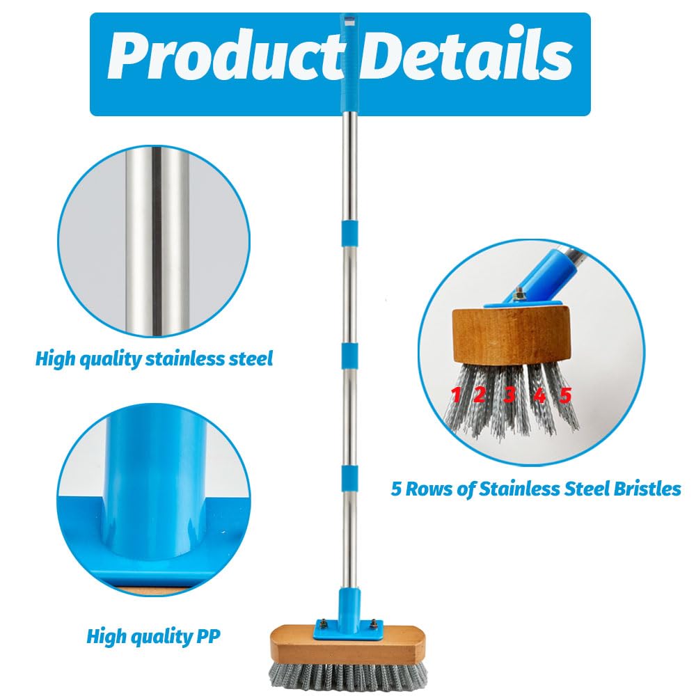 Stainless Steel Deck Scrub Brush with 60" Long Handle for Concrete