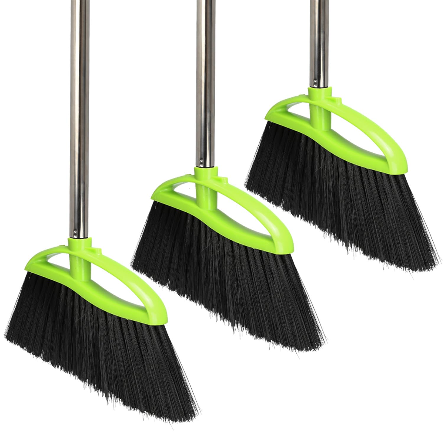3 Packs Indoor Brooms Green Angle Broom Soft Bristles Long Handle for Hardwood Floor Sweeping (3 Count)