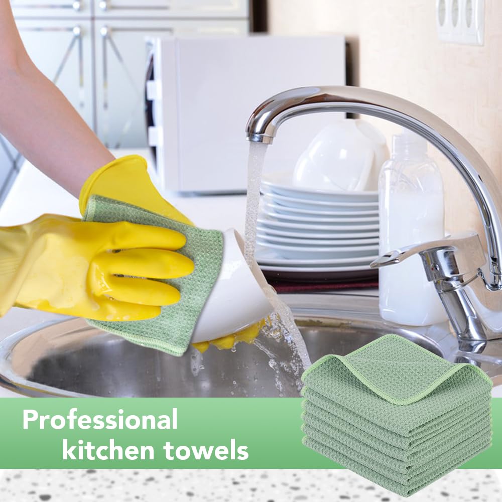 Waffle Microfiber Dish Cloths Green Kitchen Towels (6 Count)