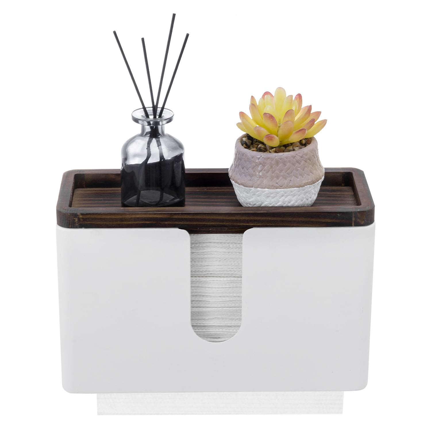 Deluxe Modern Matte White Metal Folded Commercial Paper Towel Holder with Rustic Burnt Solid Wood Tray Lid