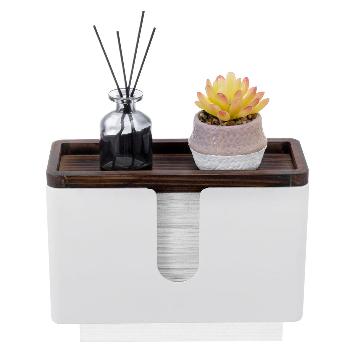 Deluxe Modern Matte White Metal Folded Commercial Paper Towel Holder with Rustic Burnt Solid Wood Tray Lid
