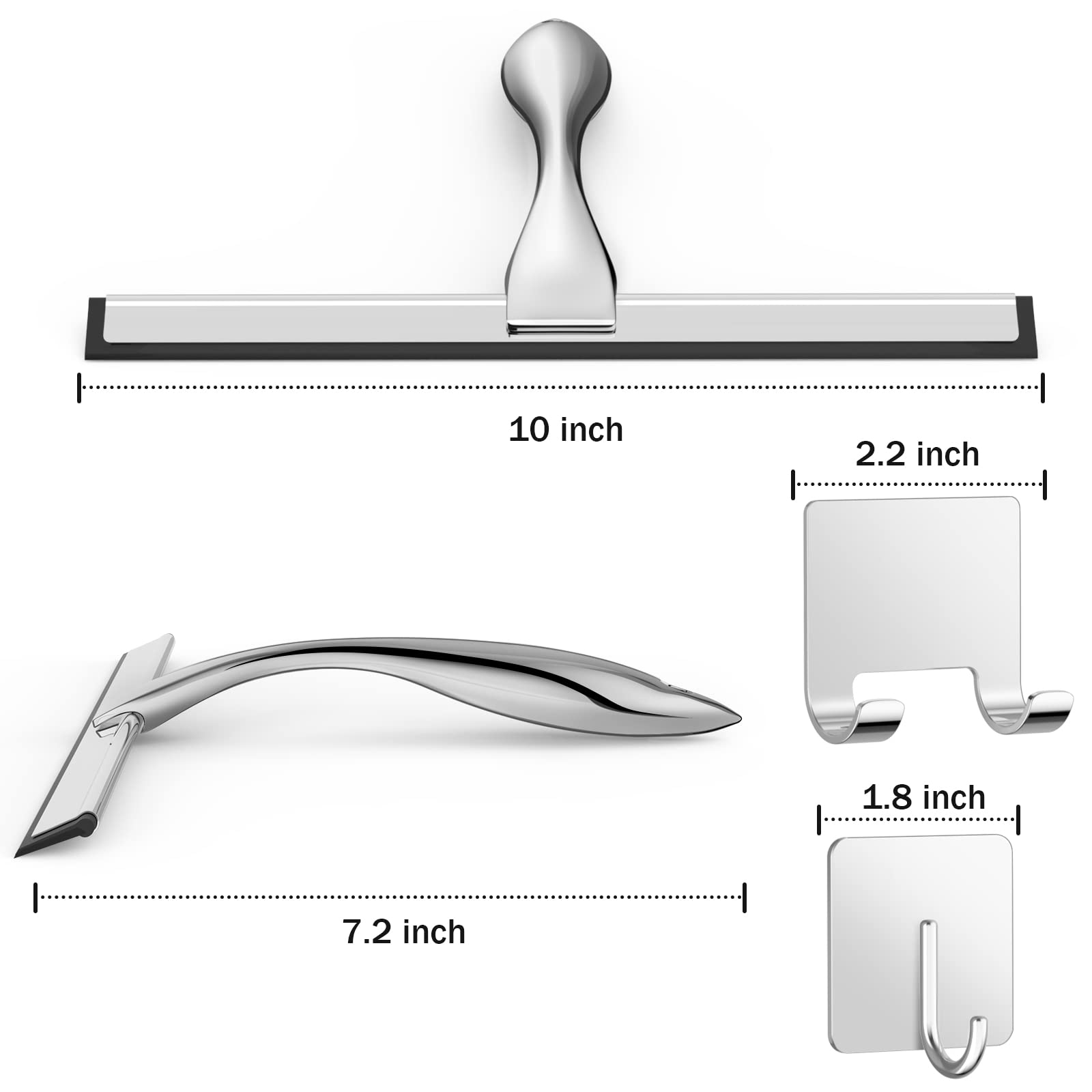 All Purpose Stainless Steel Shower Squeegee for Shower Glass Door with 2 Adhesive Hooks