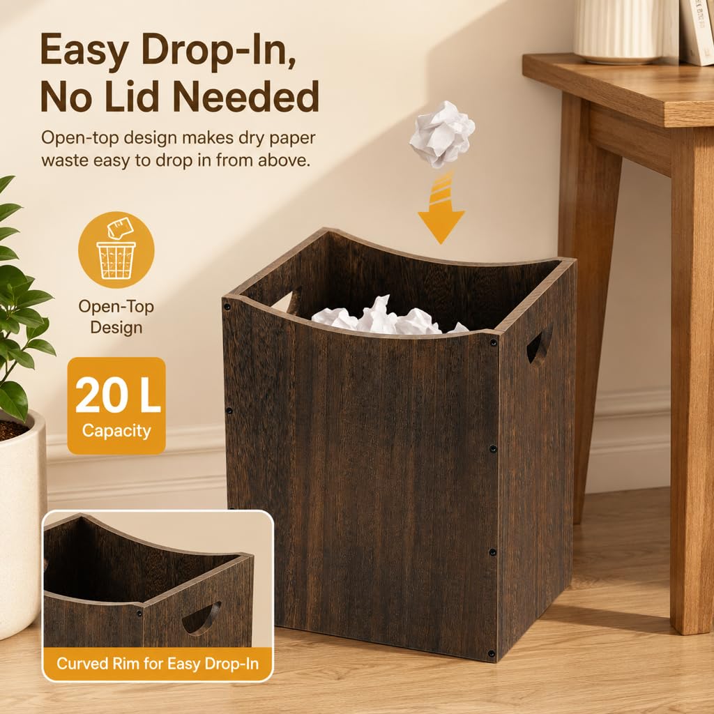 Wood Trash Can 5.3 Gallon Office Wastebasket Farmhouse Rectangular Garbage Can with Built