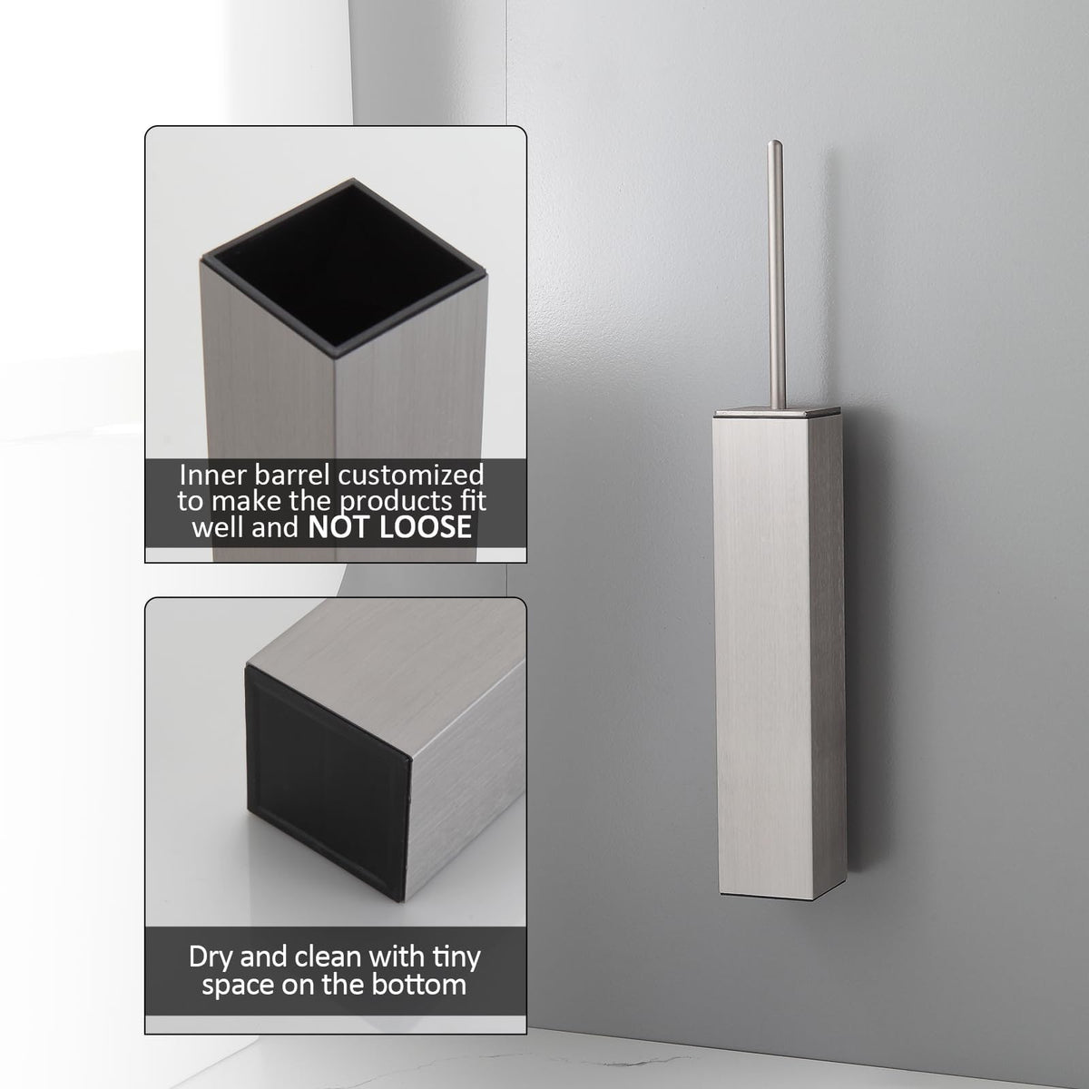 Toilet Brush and Holder Set Brushed Nickel Wall Mounted for Bathroom Square Design
