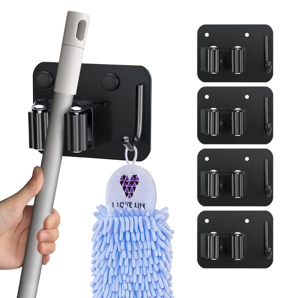 4 Pack Broom Holder with Heavy Duty Hooks (4 Count)