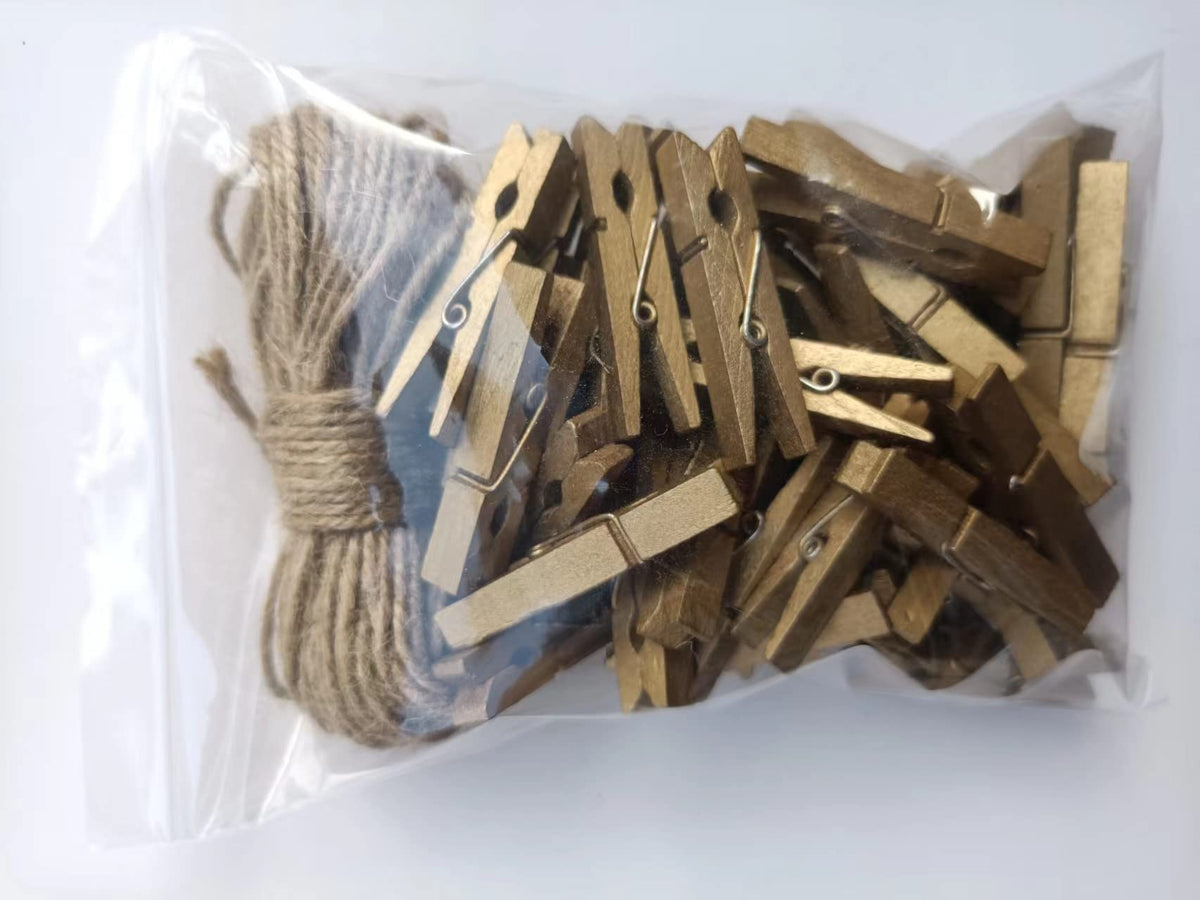 1.9 in Gold Clothespins Art Hanging Kit Kids Artwork Picture Party Xmas Decor Clothing Clamps with Jute Twine Pack 50 (50 Count)