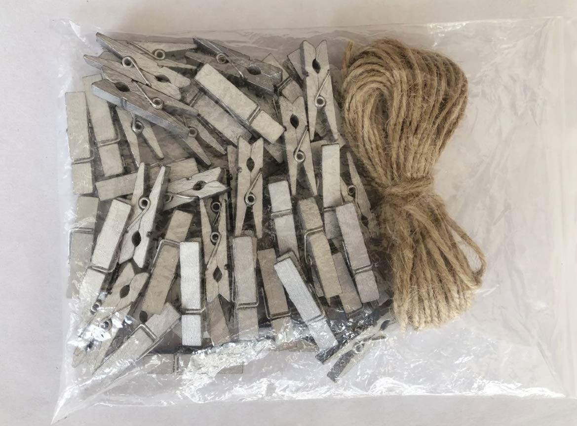Wood Clips Strong Photos Pins Peg Home Party Decorative Accessories with Jute Twine Silver Pack 50 (50 Count)