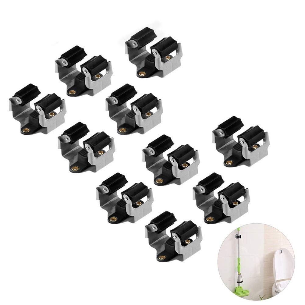 Broom Holder Wall Mount 10 Pack Heavy Duty Metal Mop Broomstick Shovel Handle Hanging Clips Clamp Organizer Hanger Rack Gripper Black (10 Count)