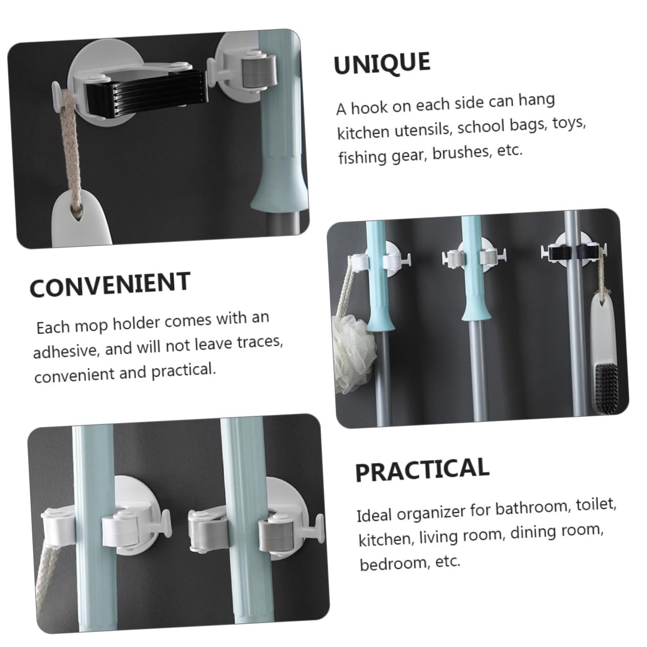 Versatile Mop Hanging Hooks Wall Mount Broom Gripper Home Organizer No