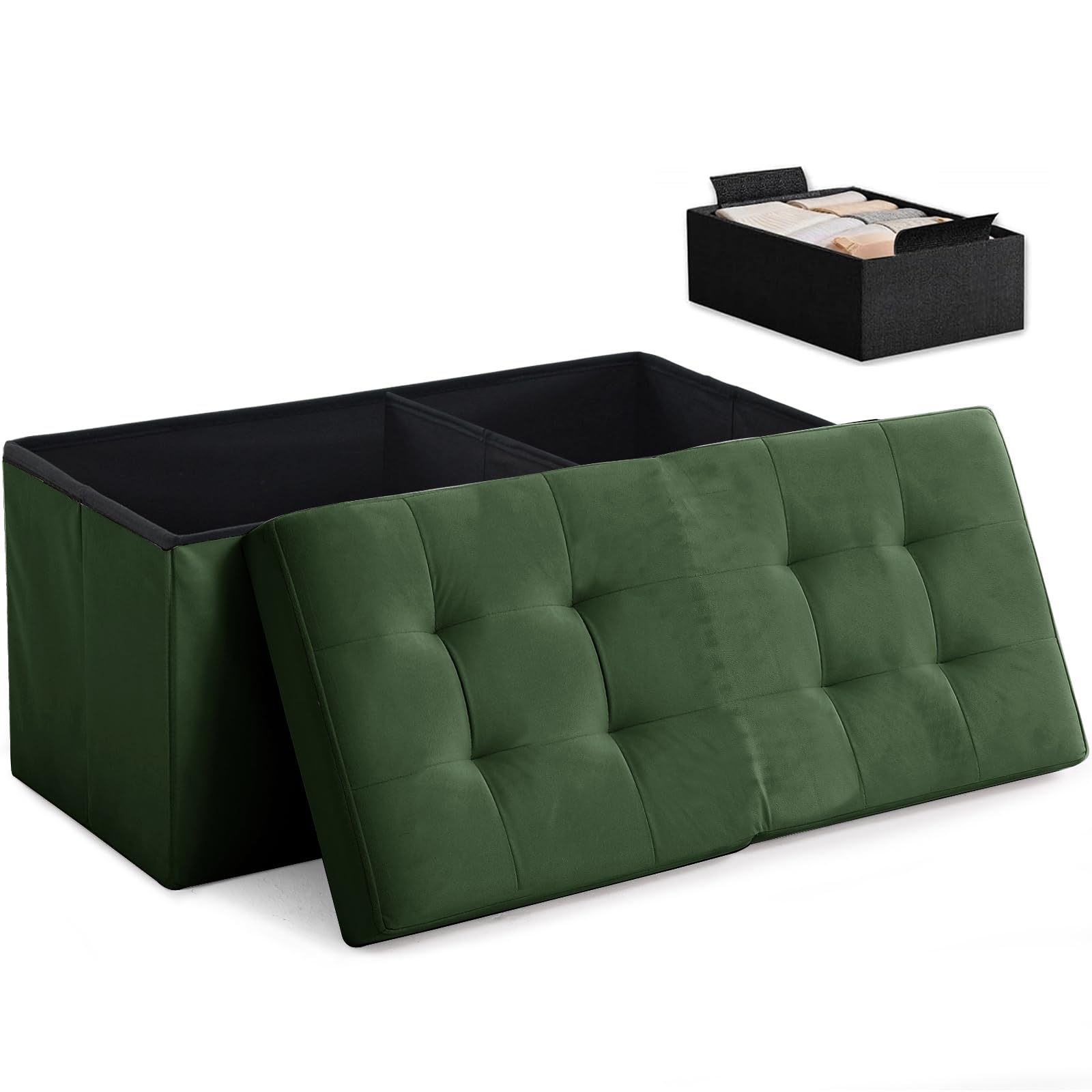 Ottoman with Storage Bench Folding Foot Rest Stool Velvet Olive