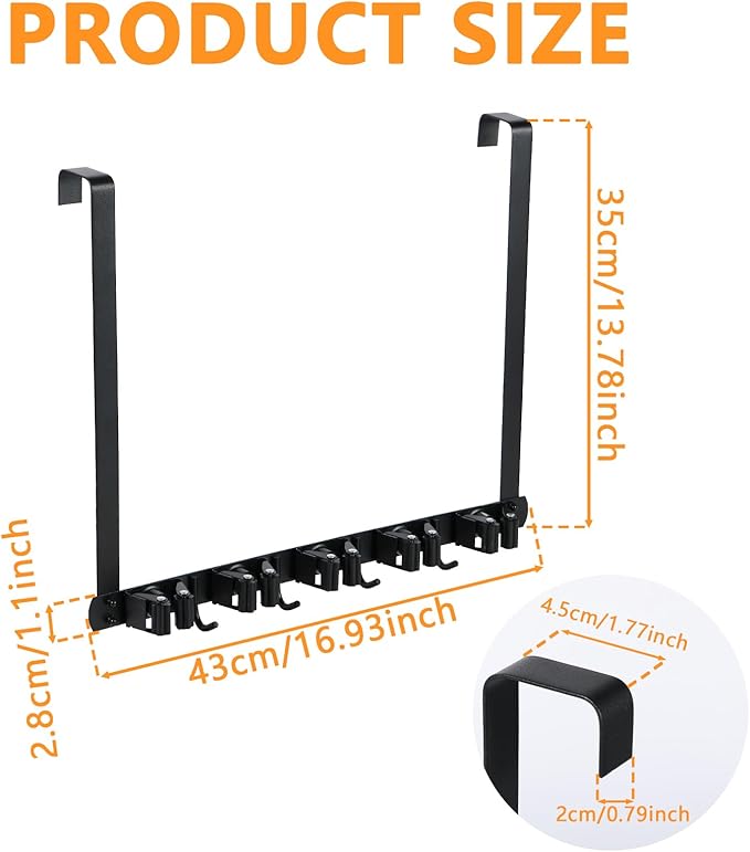Broom Holder Over The Door with 2 Over Door Hooks Wall Mount Mop and Broom Holder Stainless Steel Mop Holder Utility Broom Gripper Drilling Free Mop Hanger for Home Bathroom Kitchen Garden