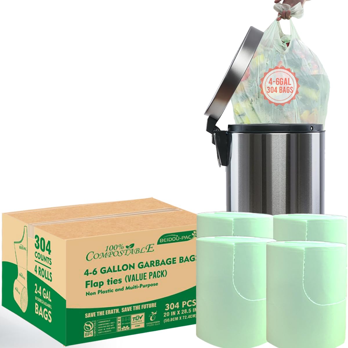 4 6 Gallon Flap Tie Compostable Trash Bags (304 Count)