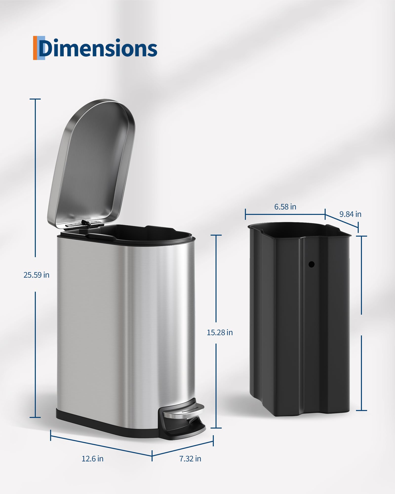 13 gal (50 L) and 2.6 gal (10 L) Stainless Steel Trash Can Combo Set, Rustproof Garbage Can with Lid for Kitchen and Bathroom, Step-on Trash Bin with Inner Bucket, Rear Handle, Silver