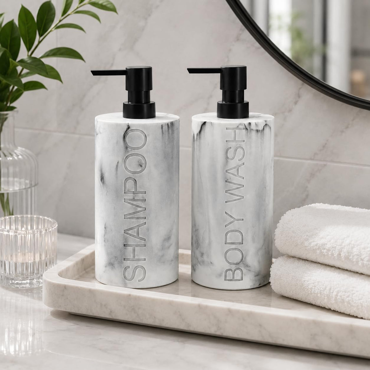 Marble Resin 2 Piece Shampoo and Body Wash Dispenser Set