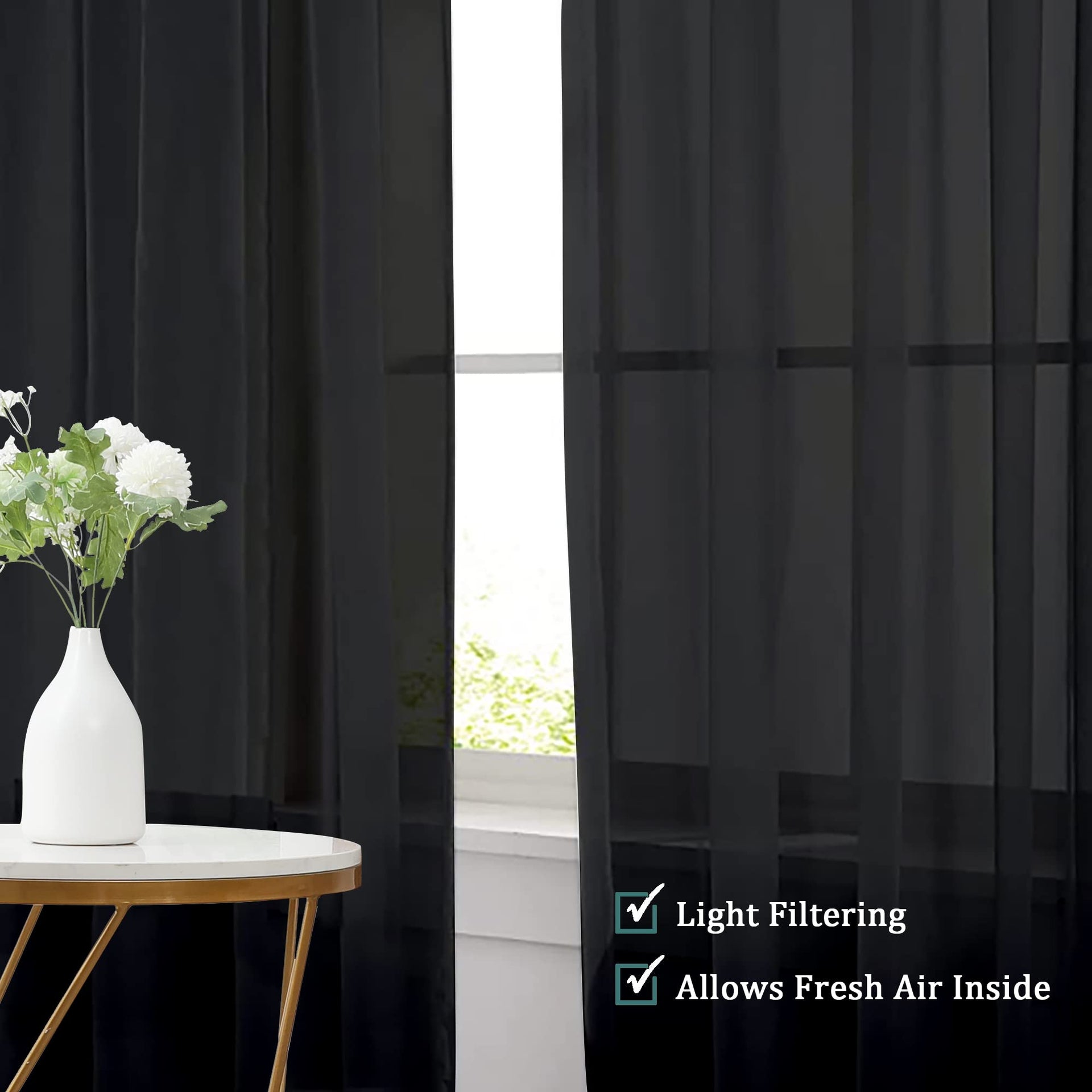 Extra Long Black Sheer Curtains 144 inch 2 Panels Set