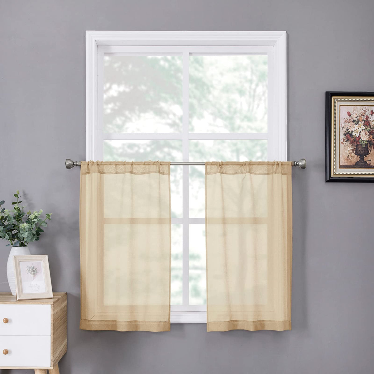 Sheer Tier Curtains Kitchen Linen Textured Half Curtain Sheers Light Filtering Rod Pocket Voile Bathroom Short Curtains for Farmhouse