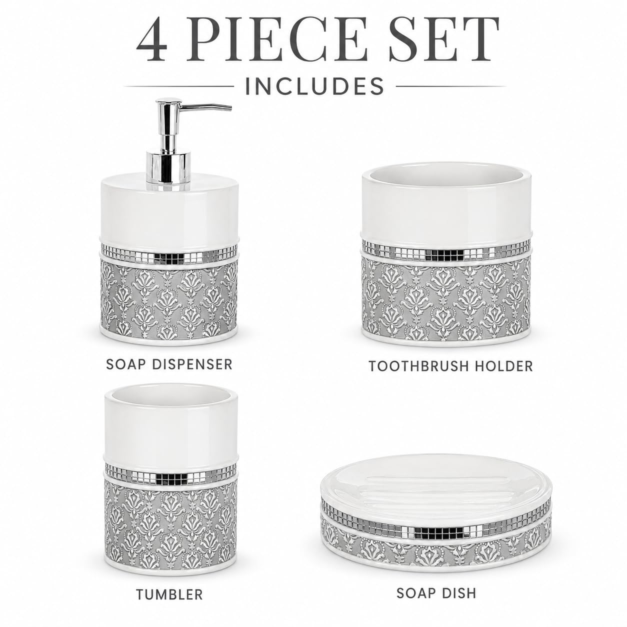 Mirror Damask 4 Piece Resin Bathroom Accessories Set