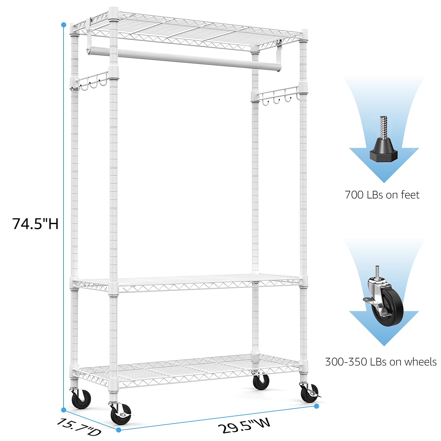 Heavy Duty Rolling Garment Rack 3 Tiers Adjustable Wire Shelving Clothes Rack with Rods and Side Hooks