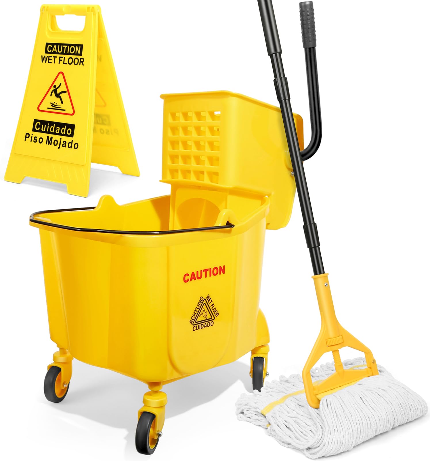 38 Qt Commercial Mop Bucket with Side Press Wringer on Wheels and Mops Set for Floor Cleaning