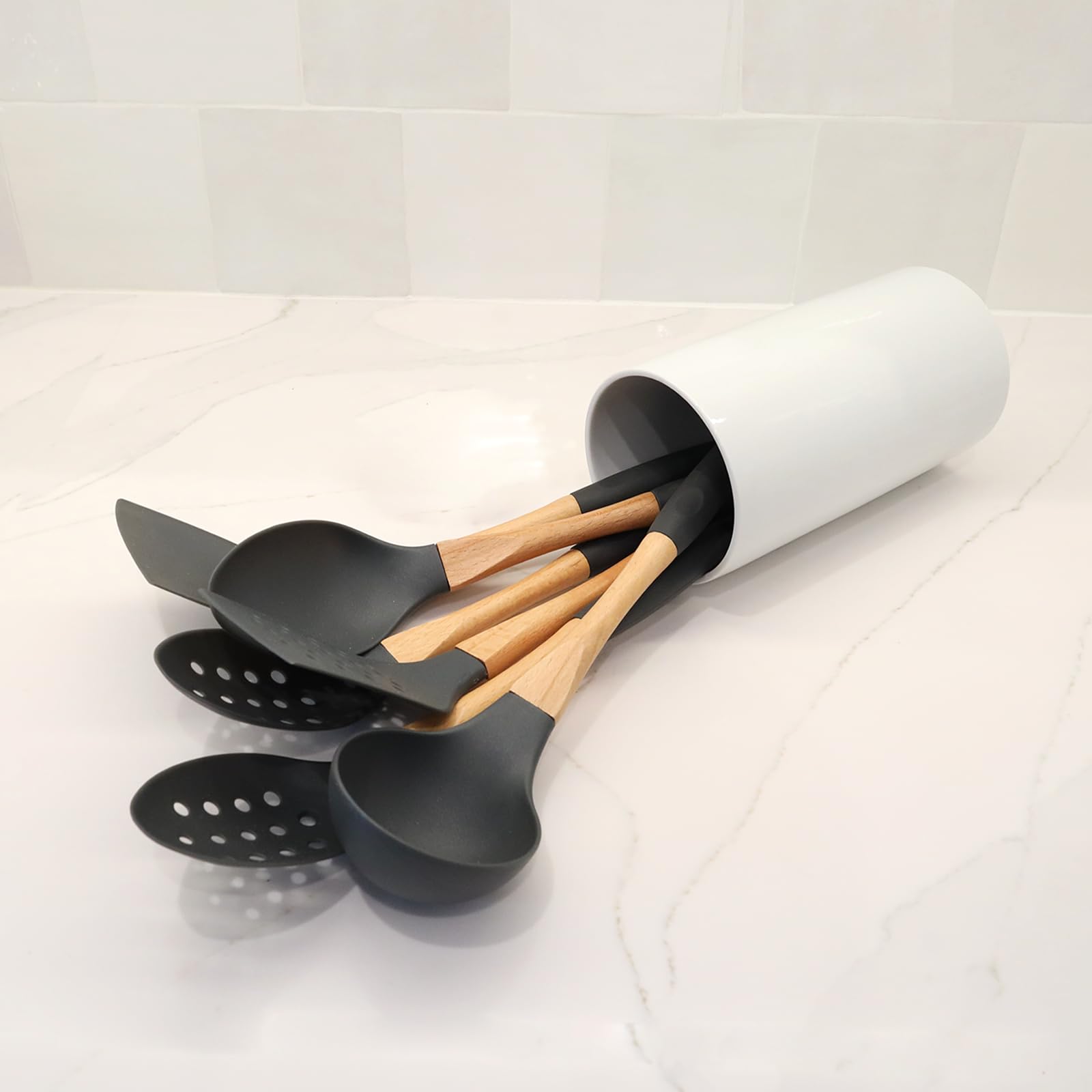 Grey Nylon Slotted Spoon with Wooden Handle Kitchen Utensils High Heat Resistance