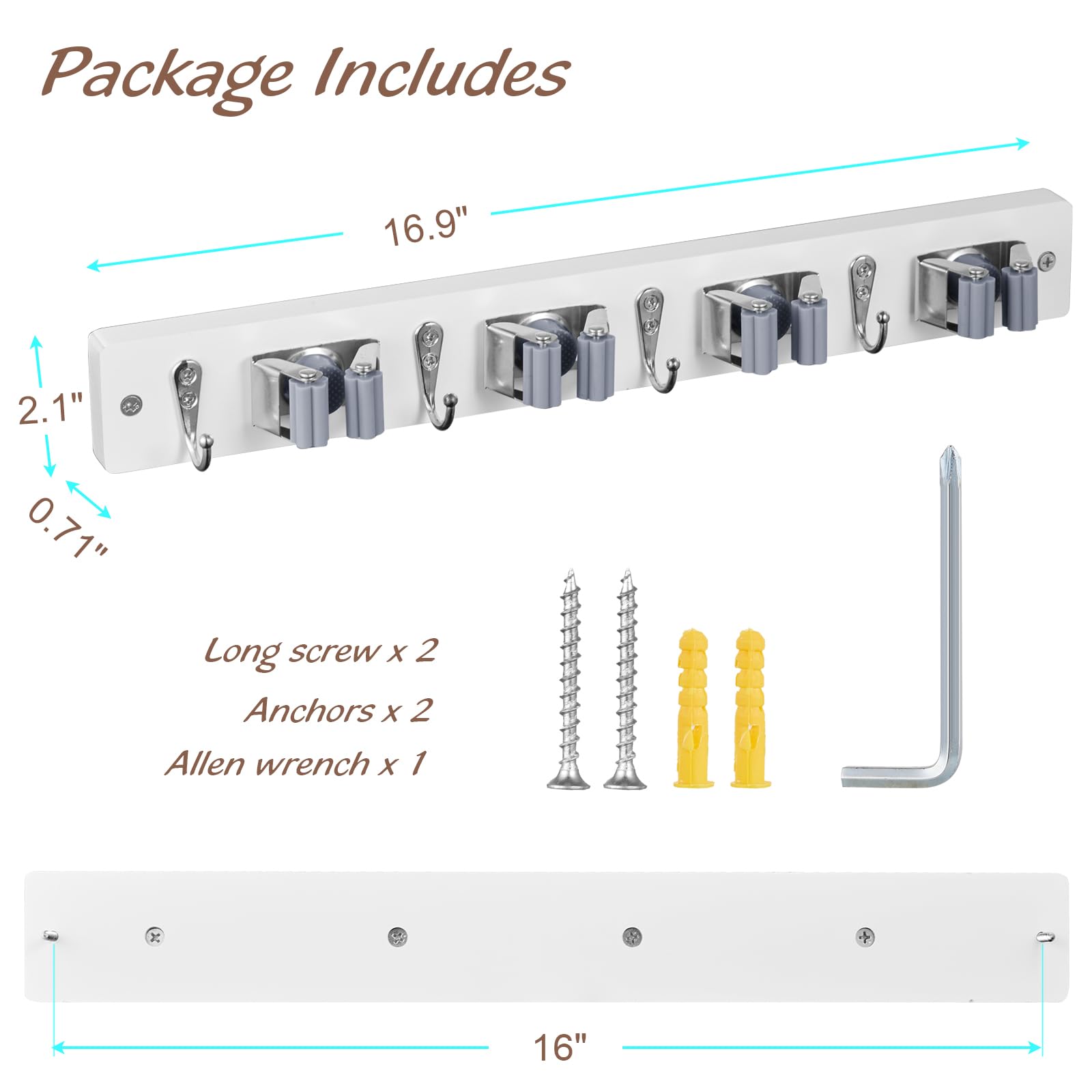 White Mop Broom Holder Wall Mount with 4 Slots & 4 Hooks