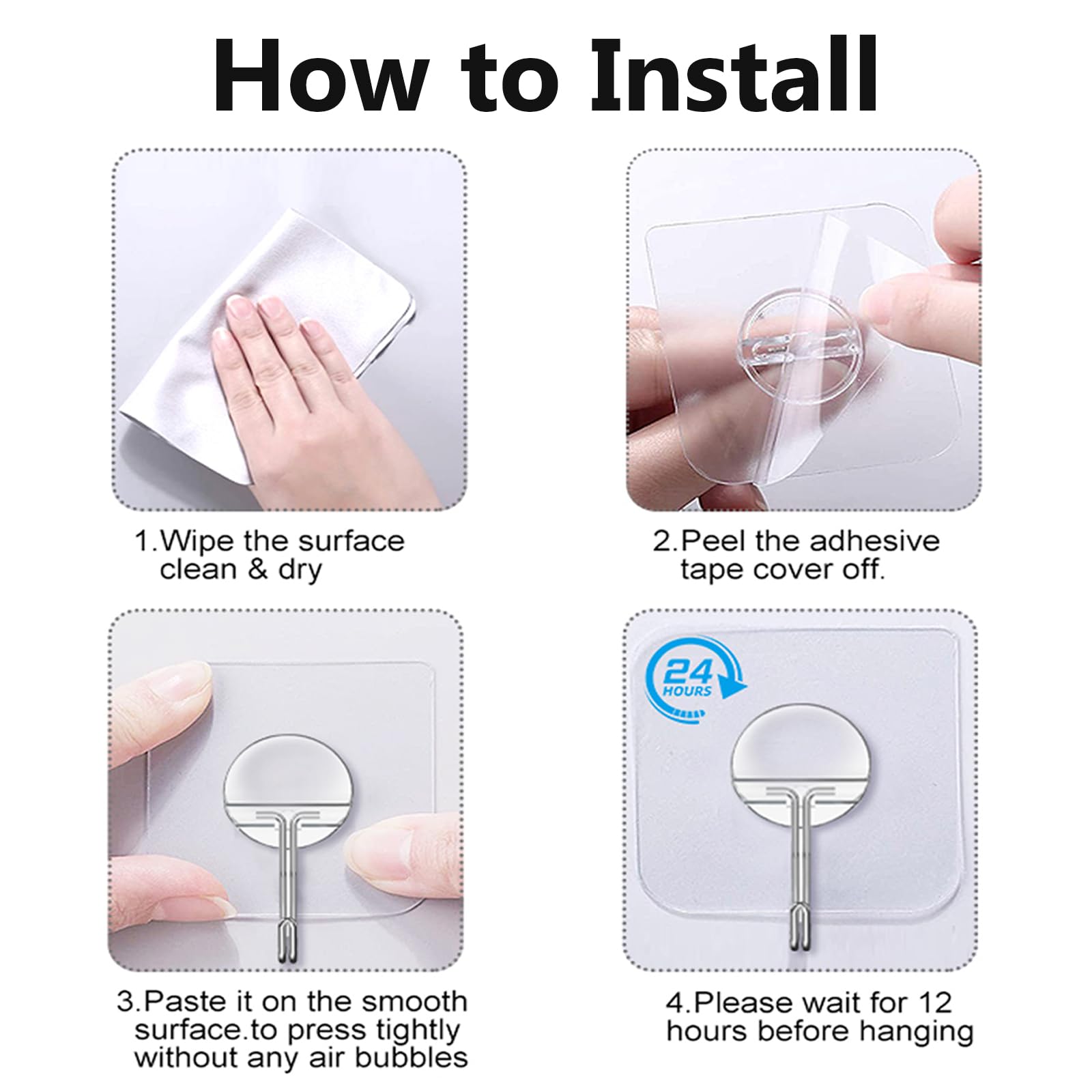 Adhesive Wall Hooks No Drill Clear Heavy Duty (8 Count)