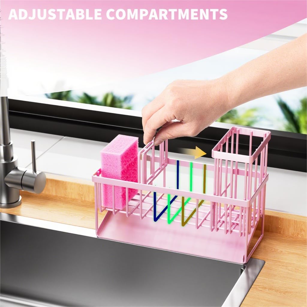 Pink Kitchen Sink Caddy Organzier with High Brush Holder