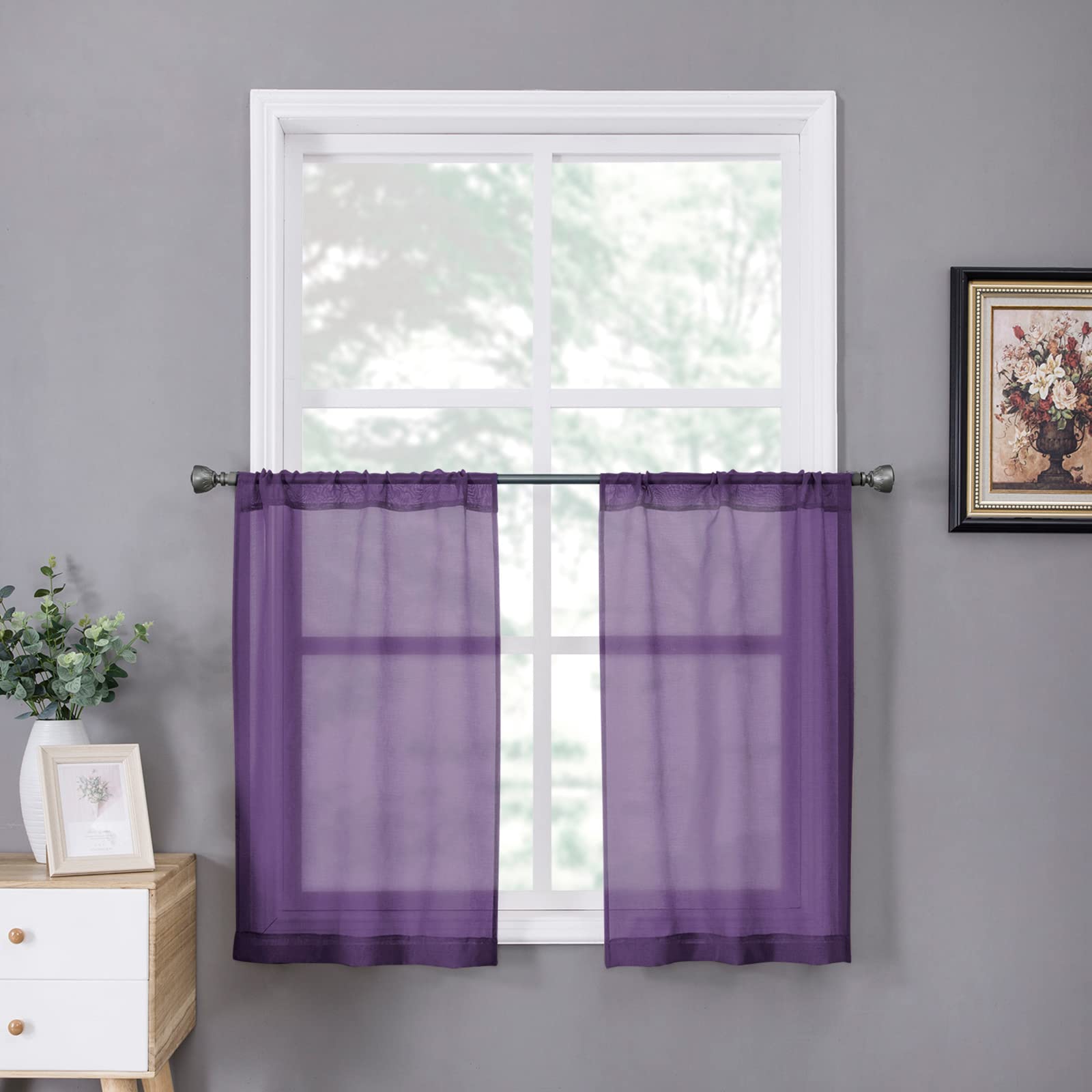 Short Sheer Tier Curtains Linen Textured Half Kitchen Curtain Sheers Light Filtering Rod Pocket Voile Small Curtain for Bathroom
