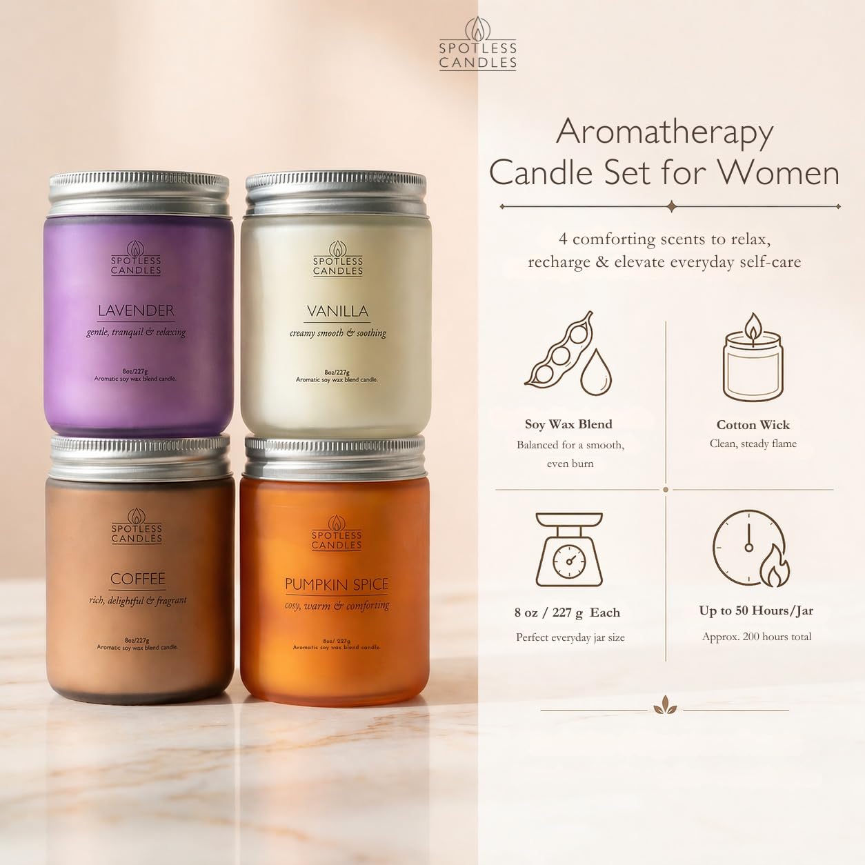 Classic Candle Gift Set; 4 x 8oz Scented Candles in Frosted Glass Jars; Coffee (4 Count)