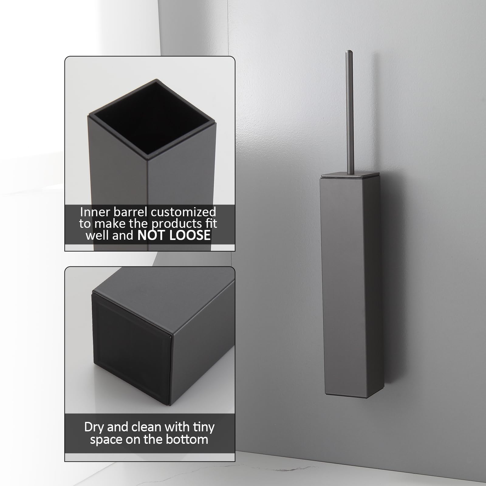 Toilet Brush and Holder Set Gun Grey Wall Mounted for Bathroom Square Design