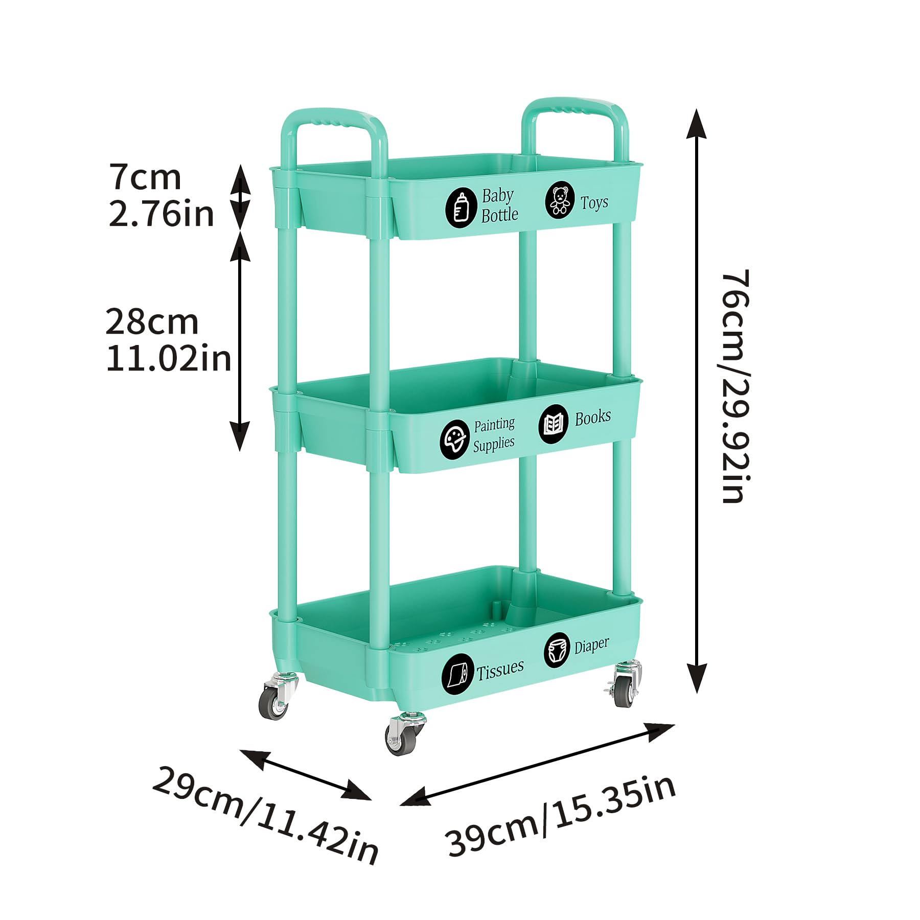 3 Tier Rolling Cart with Wheels (3 Count)