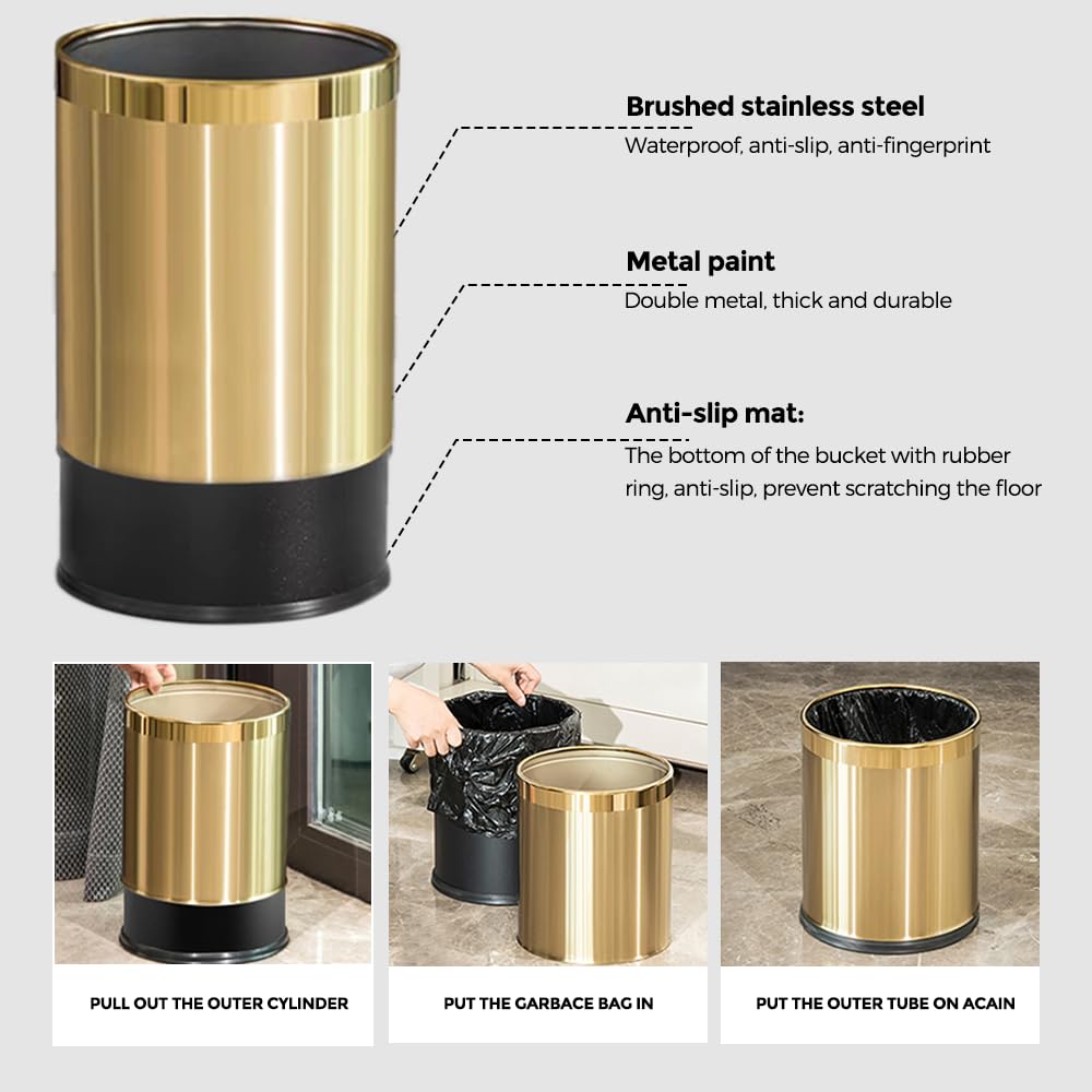 2.6Gallon 10L Brass Bathroom Trash Can