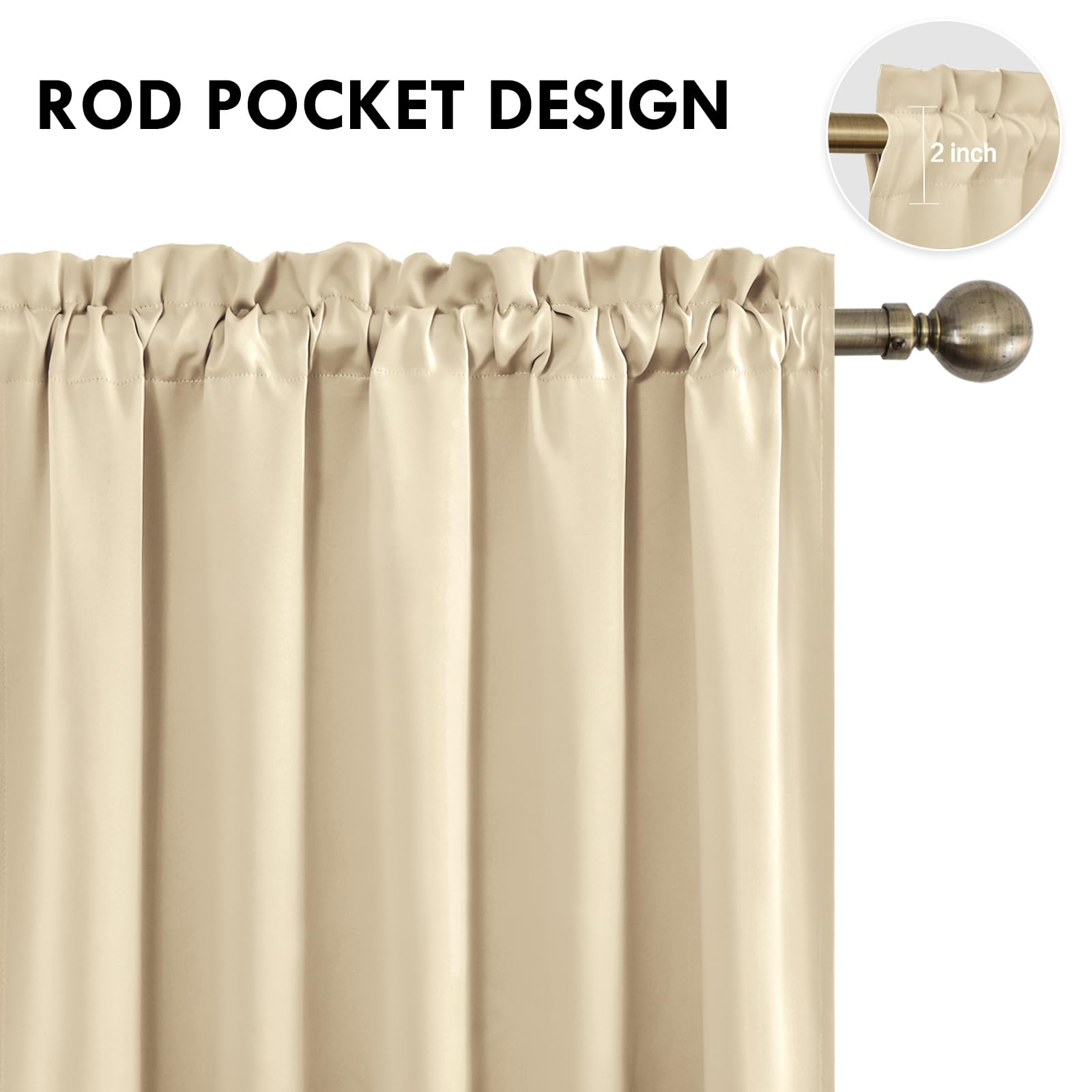 Wide Blackout Curtains for Bedroom Living Room 60 x 84 Inch Long Beige (2 Count)