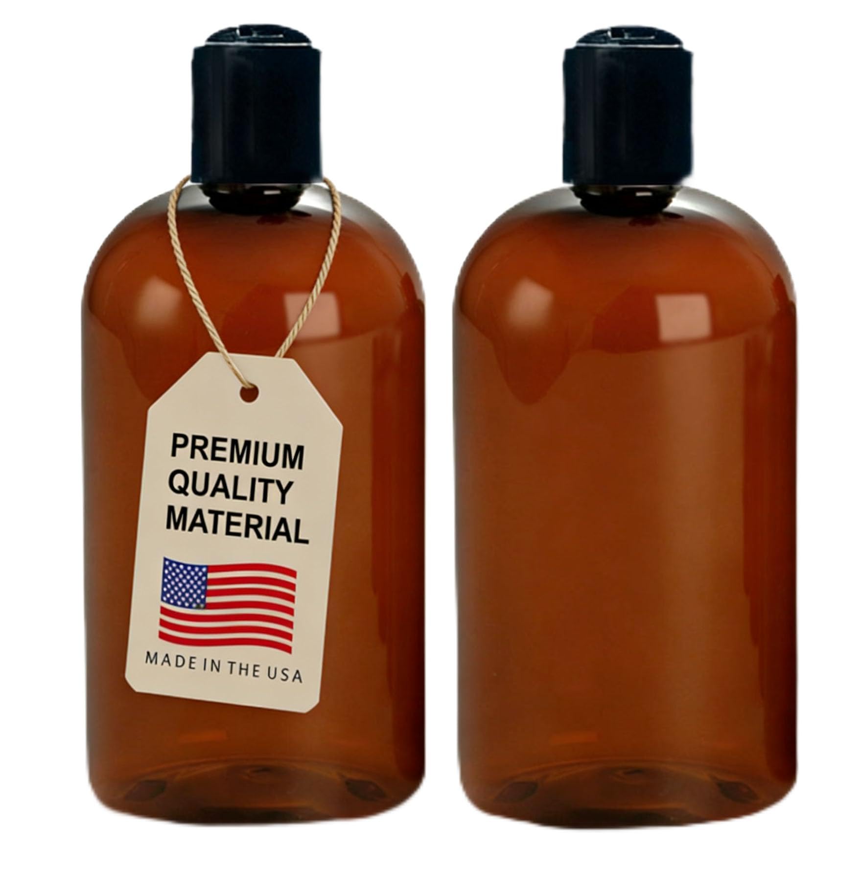 16 oz Amber Plastic Empty Bottles with Black Disc Top Caps (2 Count)