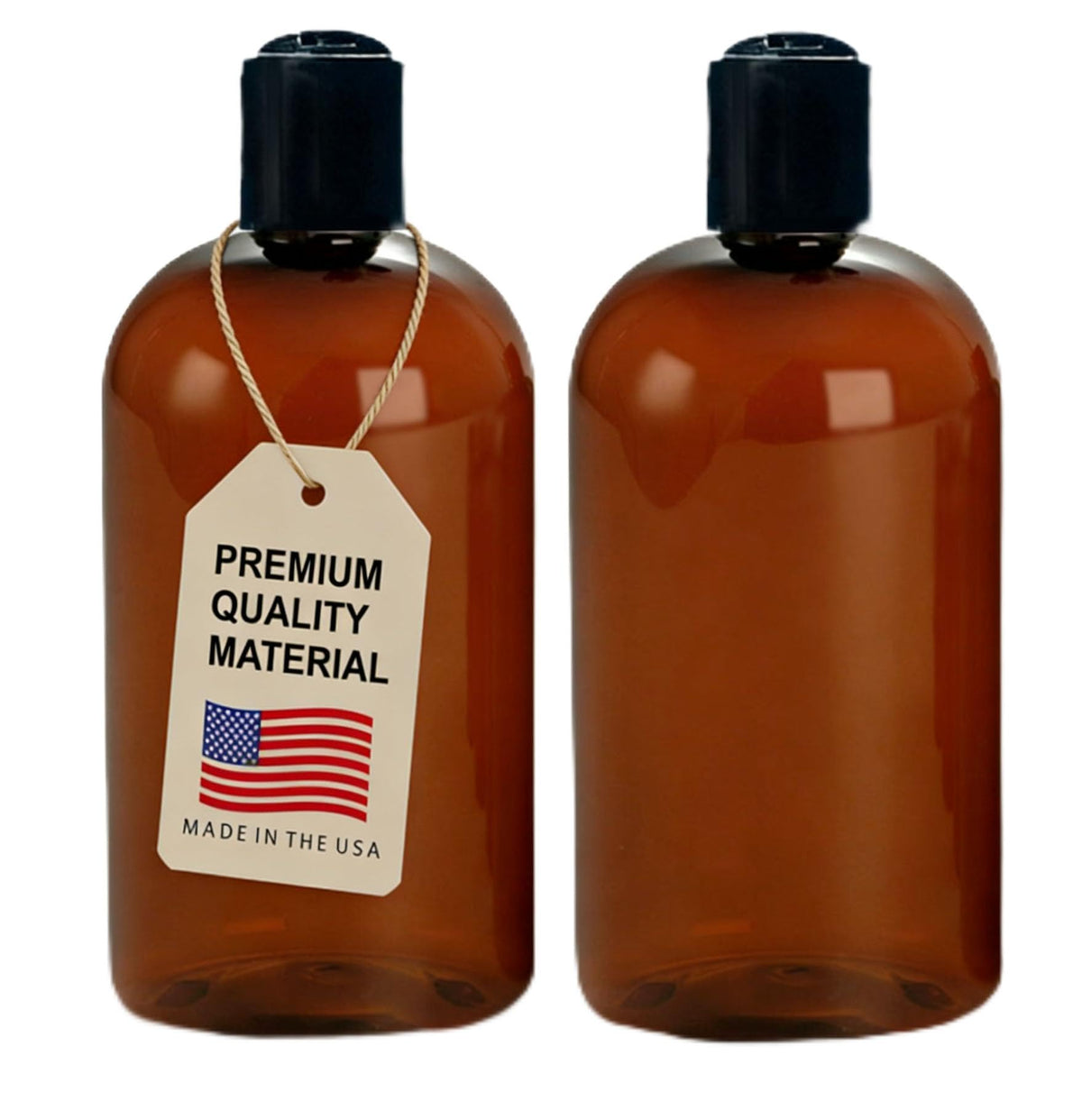 16 oz Amber Plastic Empty Bottles with Black Disc Top Caps (2 Count)