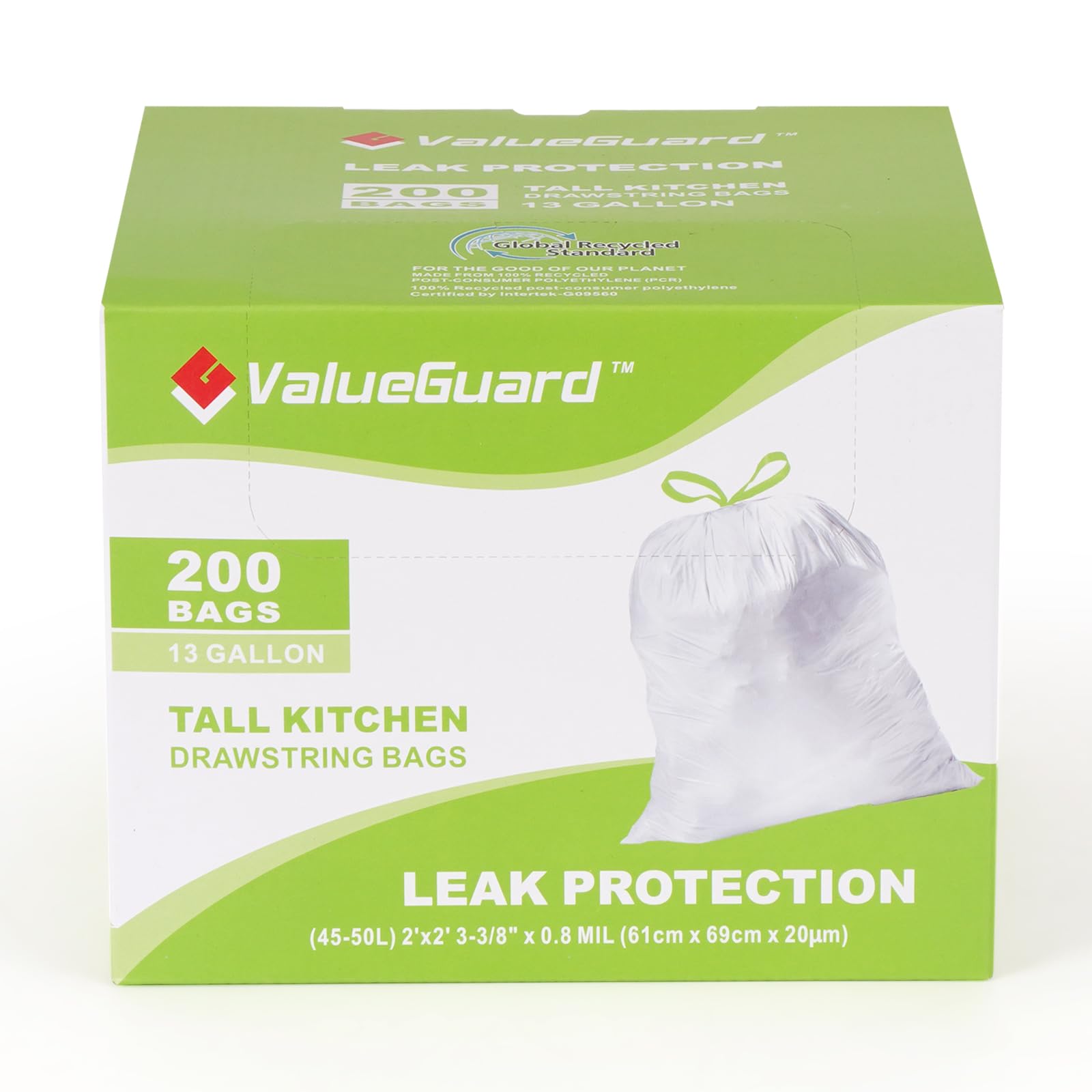 Large Trash Bag 13 Gallon Tall Drawstring 100% Post (200 Count)