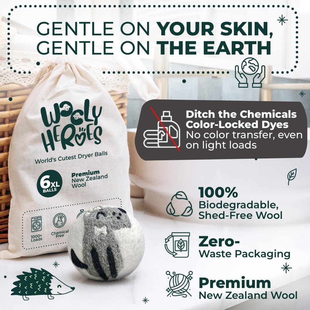 Chemical Free & Baby Safe! Reusable Wool Dryer Balls XL 6 (6 Count)