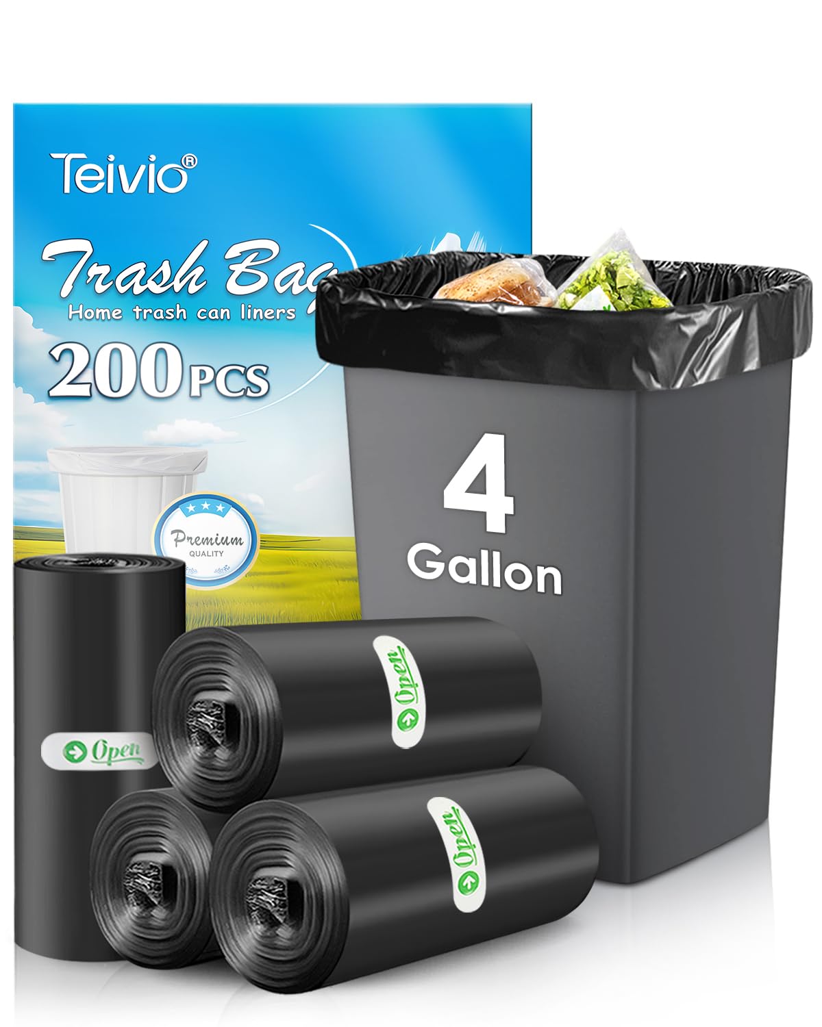 Small Black Trash Bags 4 Gallon 200 Count Kitchen Garbage Bags