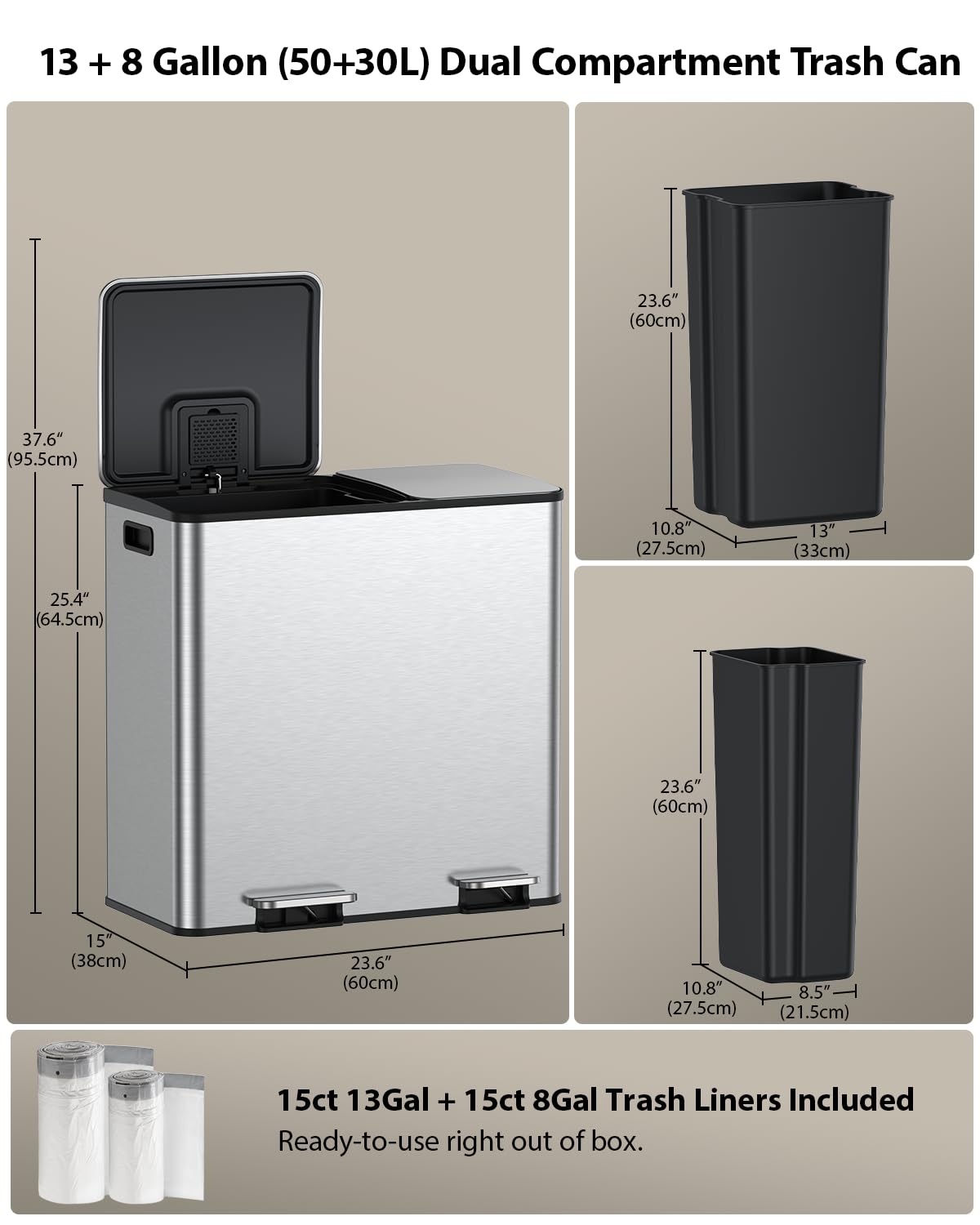 Dual Trash and Recycling Bins for Kitchen (2 Count)