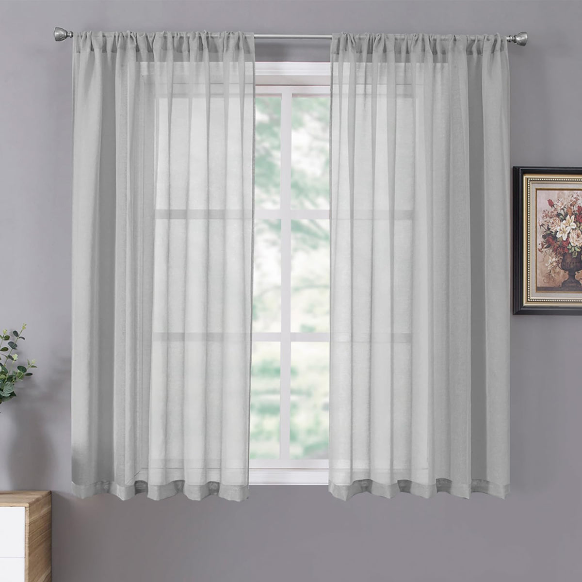 Short Sheer Curtain Living Room Linen Textured Curtains Sheer Light Filtering Voile Rod Pocket Curtain for Bedroom (2 Count)