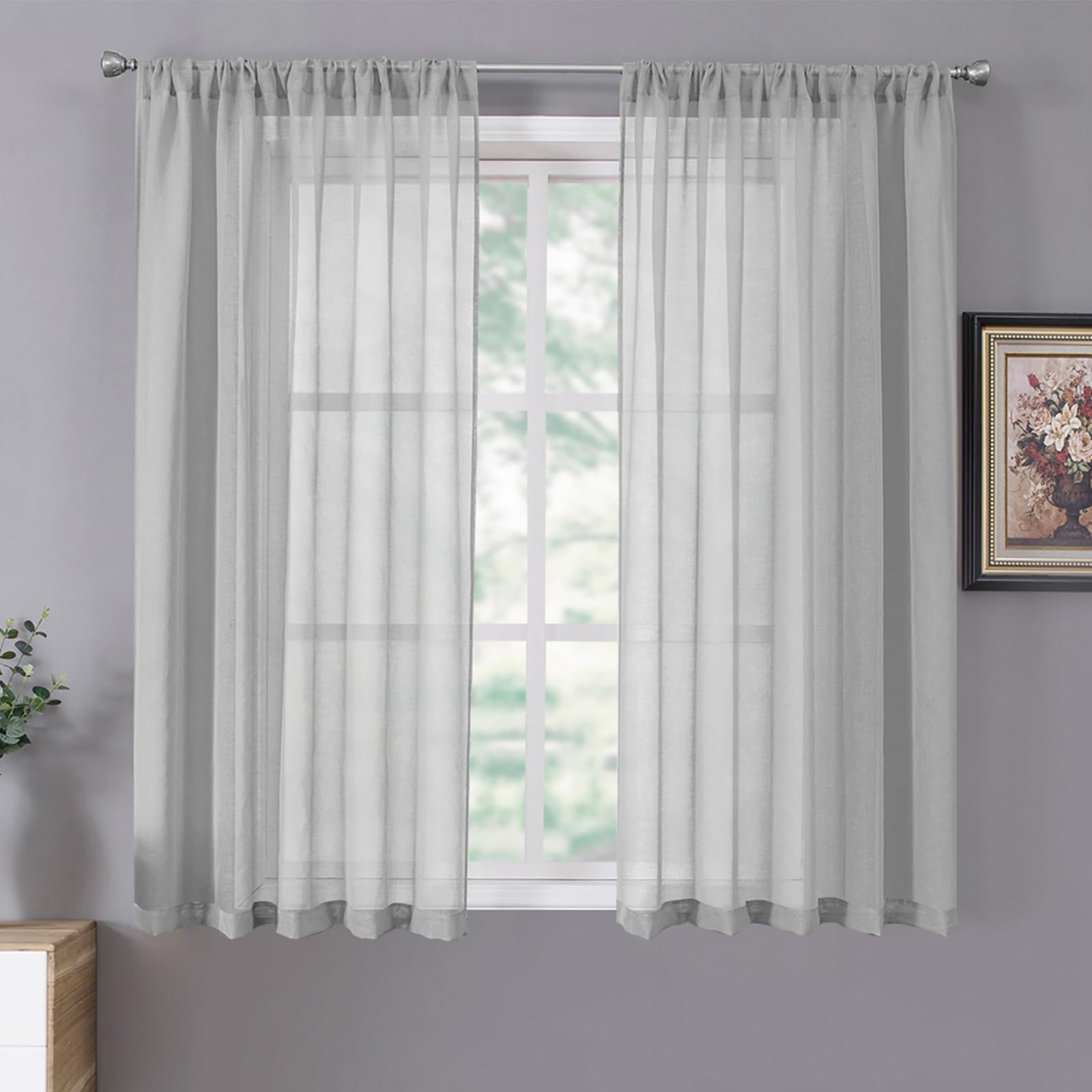 Sheer Curtains Linen Textured Living Room Curtain Sheers Light Filtering Rod Pocket Voile Curtains for Bedroom (2 Count)
