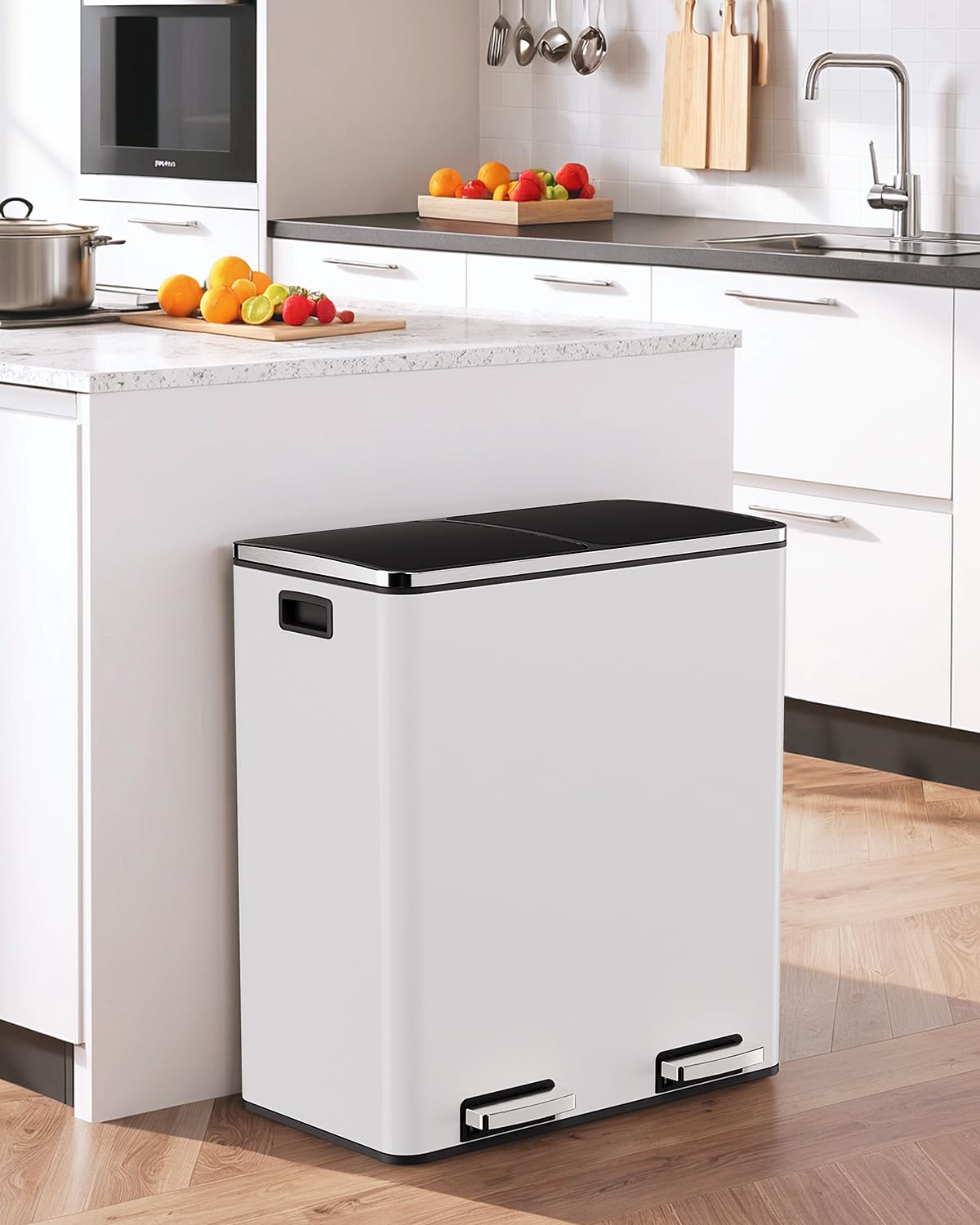 60L(16 Gal) Dual Trash Can, Stainless Steel Kitchen Garbage Can