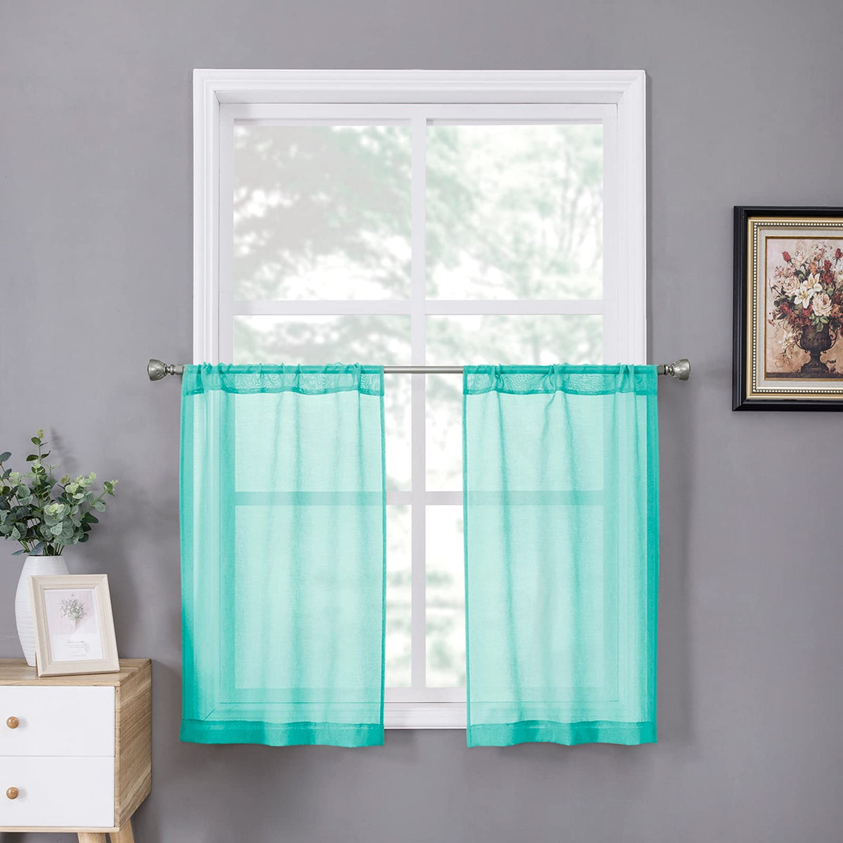 Sheer Tier Curtain Linen Textured Half Kitchen Curtains Sheer Light Filtering Rod Pocket Voile Small Curtains for Bathroom