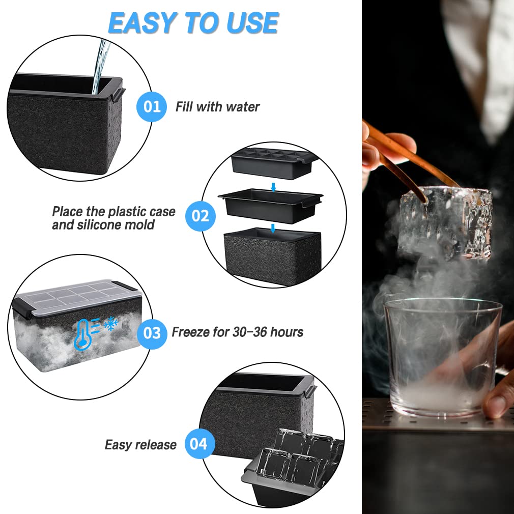 Upgrade 2 Inch Clear Ice Cube Tray Make 8 Large Square Crystal Ice Cube Maker for Cocktail